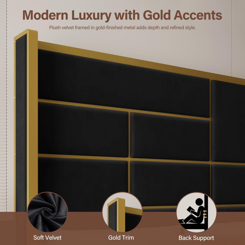King Size Bed Frame with Headboard, 66.93" Tall Bed, Black and Gold