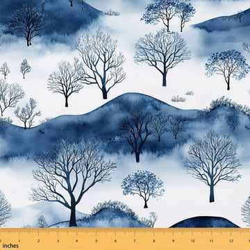 Wild Tree Fabric by The Yard, Mountain Outdoor Fabric, Blue Tie Dyed Fabric Decor, Traditional Chinese Style Polyester