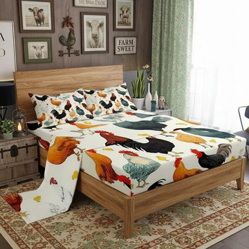 Farmhouse Style Bed Sheet Set 4 Piece, Cute Chickens Livestock Sheets Bed Set, Rustic Animal Theme Bedding