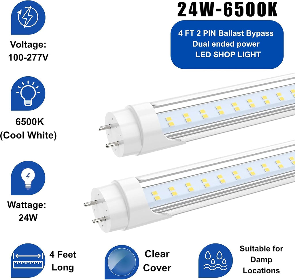 T8 4FT LED Type B Ballast Bypass Tube Light 2 Pin 24W 6500K (25 Pack)
