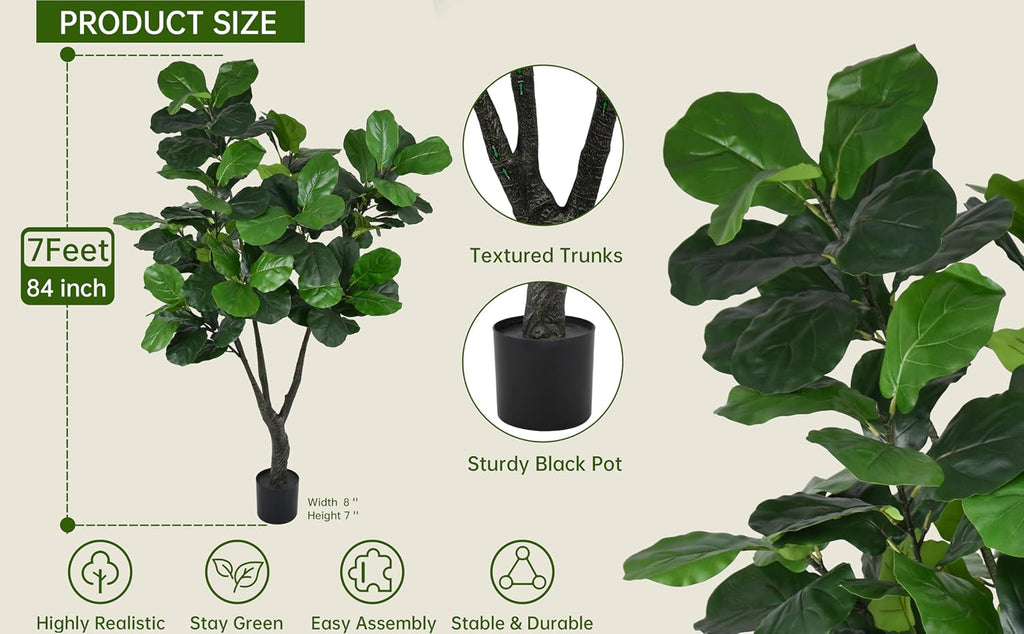 Artificial Fiddle Leaf Fig Tree 7FT with Thick 110 Leaves Lifelike