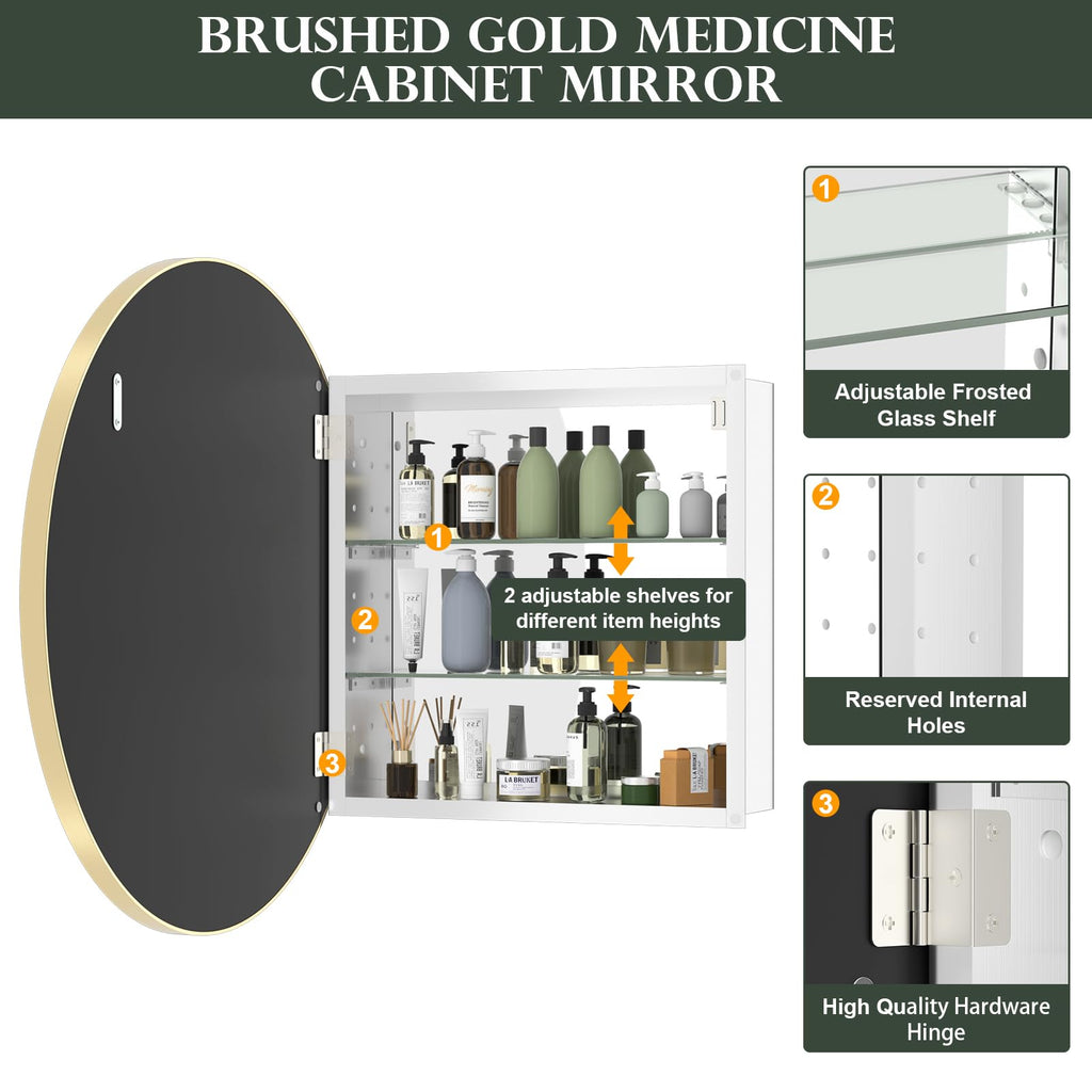 Bathroom Medicine Cabinet with Mirror, 28 Inch Gold Round Mirror Medicine Mabinet Wall Mounted with Aluminum Alloy