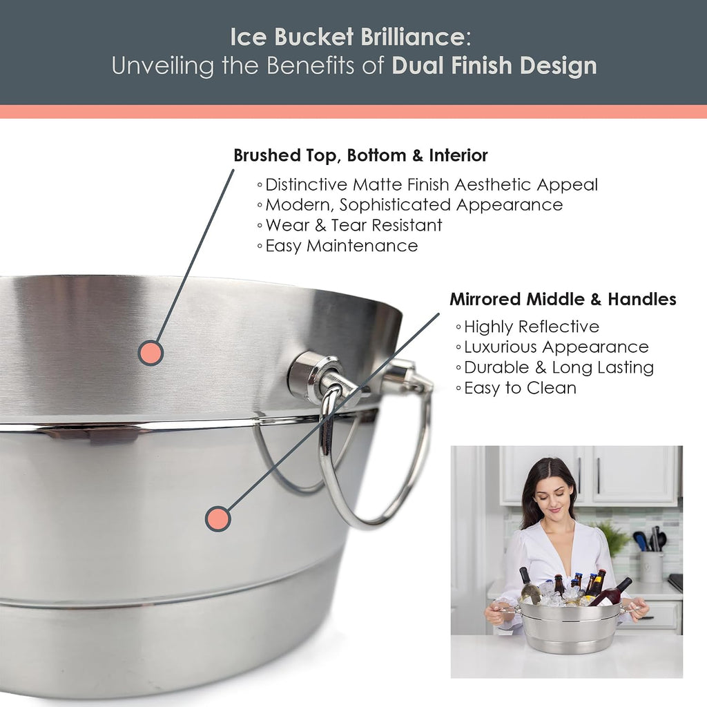 Insulated Stainless Steel Ice Bucket with Lid for Parties, 12Qt Brushed