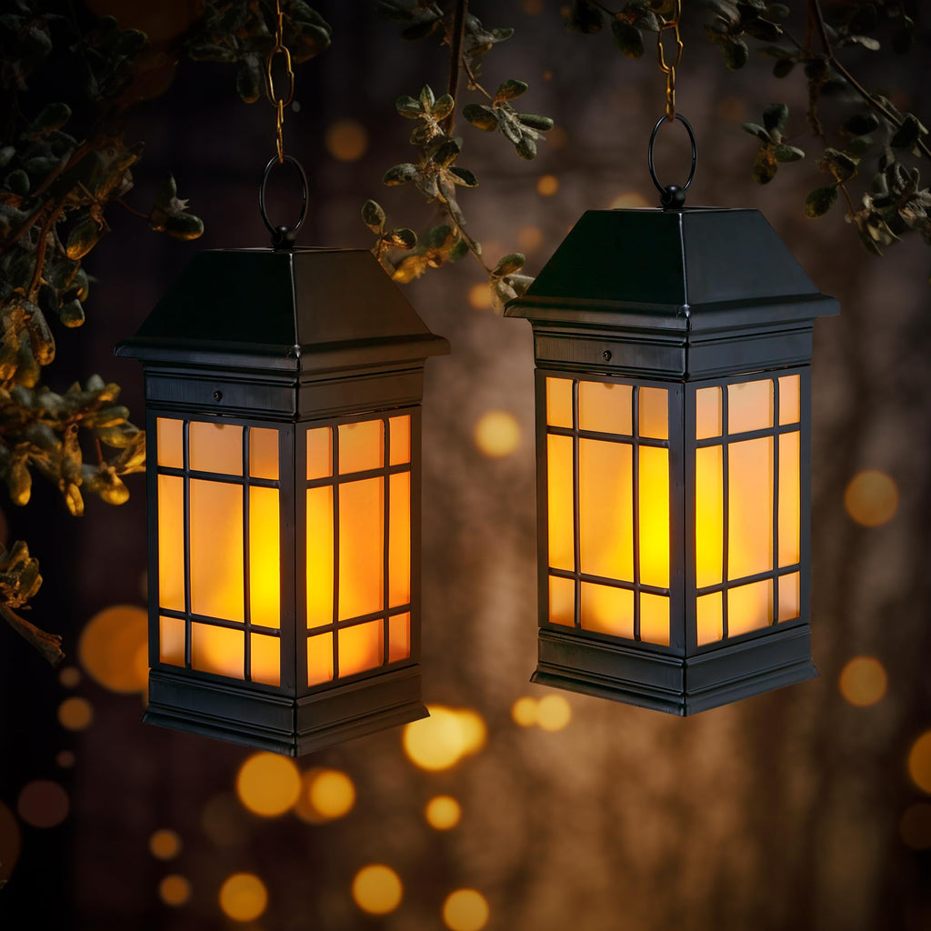 15.5" Solar Lantern Outdoor Waterproof, Glass Flickering Flame Solar Lanterns, Hanging Metal Lantern Decorative Front