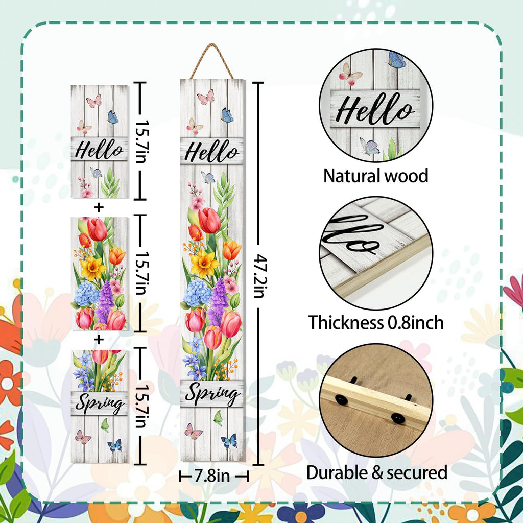 Hello Spring Porch Sign Tulip Butterflies Welcome Sign Rustic Vertical Standing Sign For Front Porch Decor Farmhouse