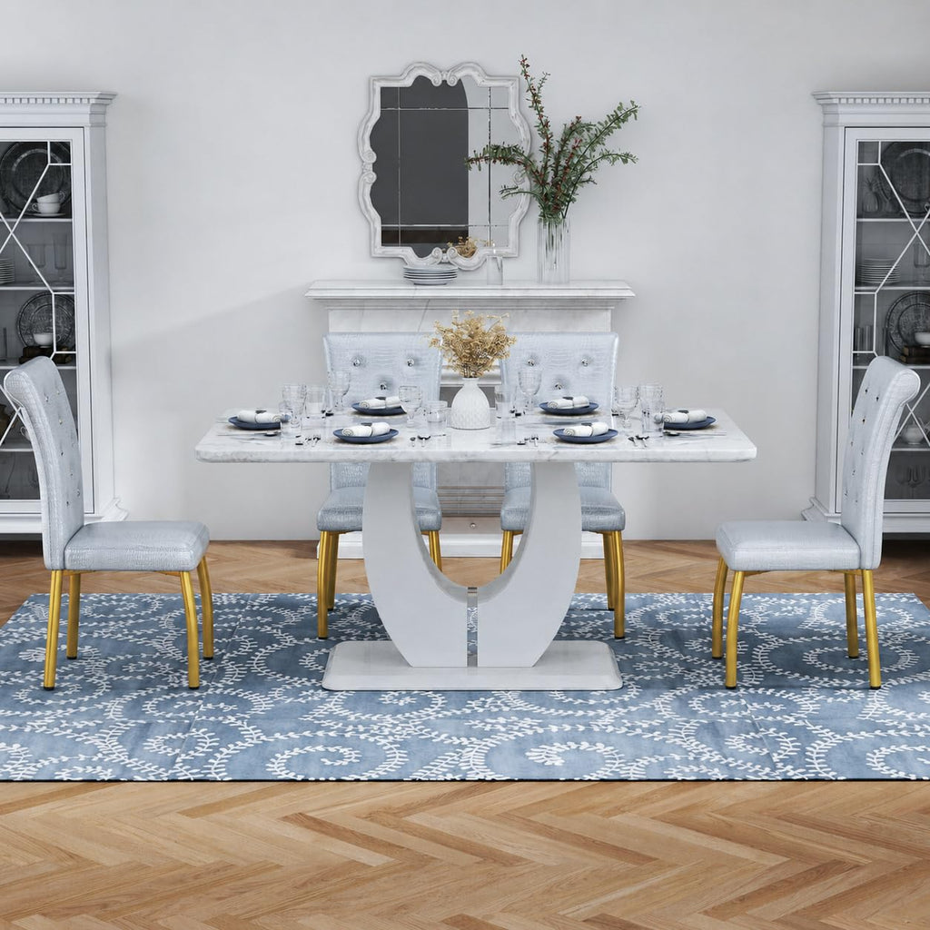 5 Piece Faux Marble Dining Table Set for 4, 63" Rectangular Kitchen Table and Chairs Set with 4 Tufted PU Leather