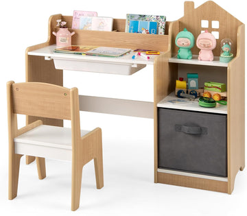 Kids Desk and Chair Set, Wooden Children School Study Table and Chair w/2 Drawers, Hutch, Storage Shelves, Student