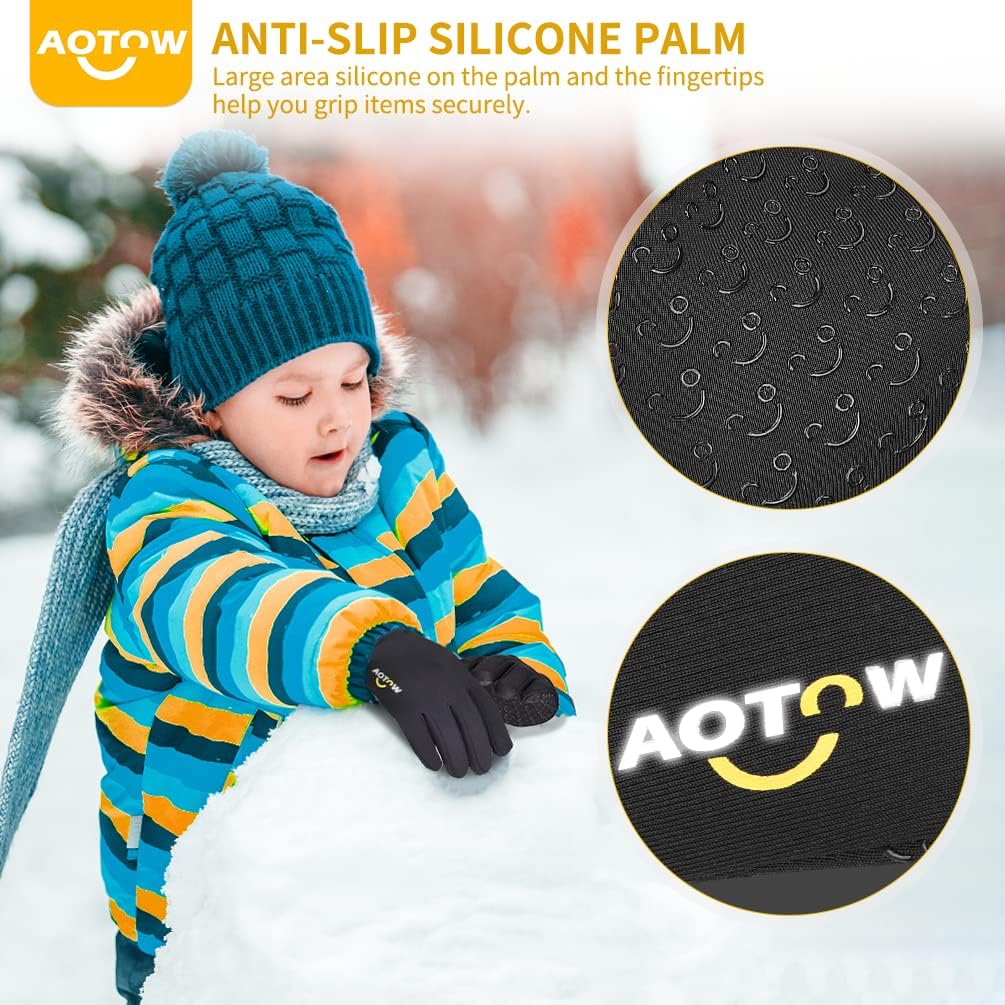 Kids Winter Warm Sports Gloves - Cold Weather Water-Resistant Children Mittens Boys Girls Black