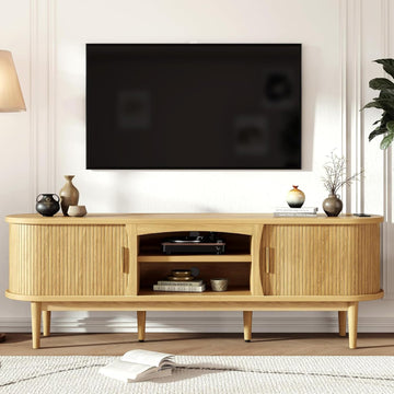 Mid Century TV Stand for TVs up to 65 Inches, Entertainment Center with Storage, Power Outlet, Fluted Sliding Doors &