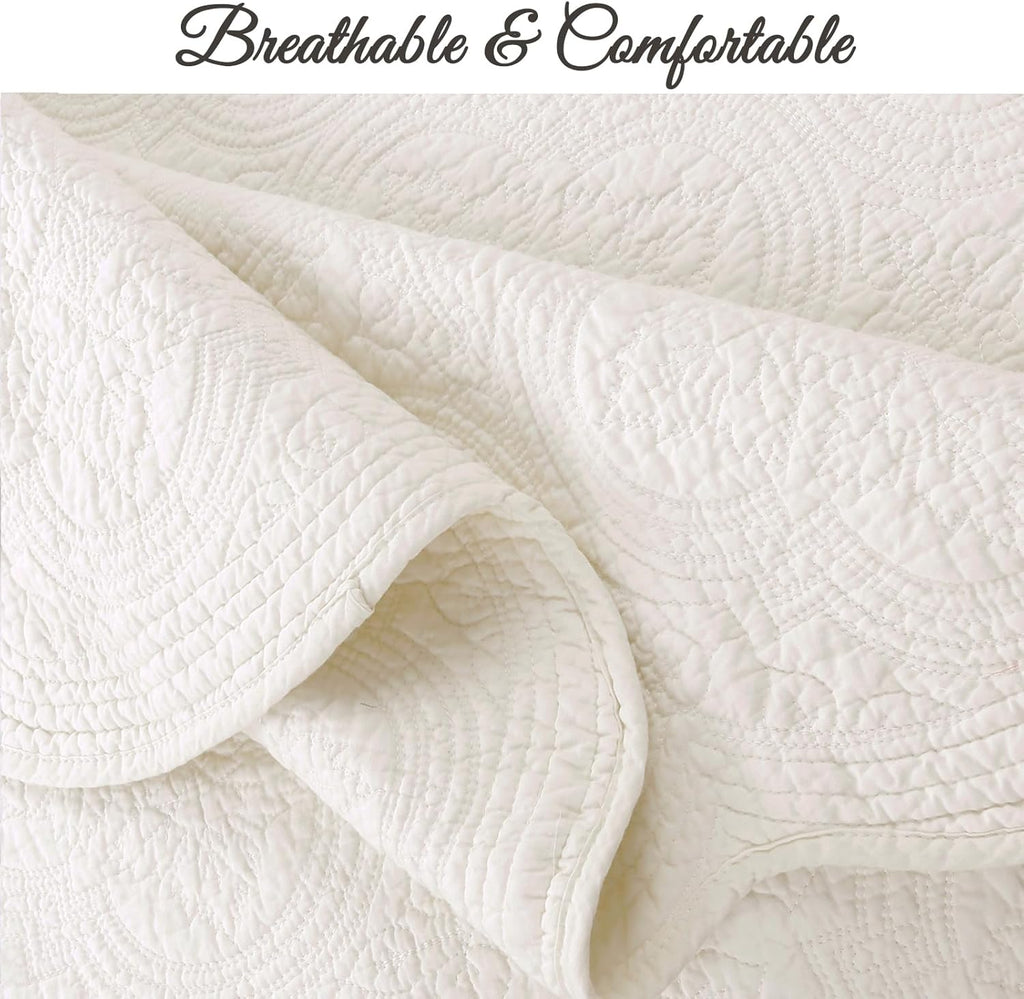 100% Cotton Medallion Off White Matelasse Embossed Bedding Quilt Set, Reversible Lightweight Bedspread, Coverlet for All Season (Blantyre - Ivory, Queen - 3 piece)