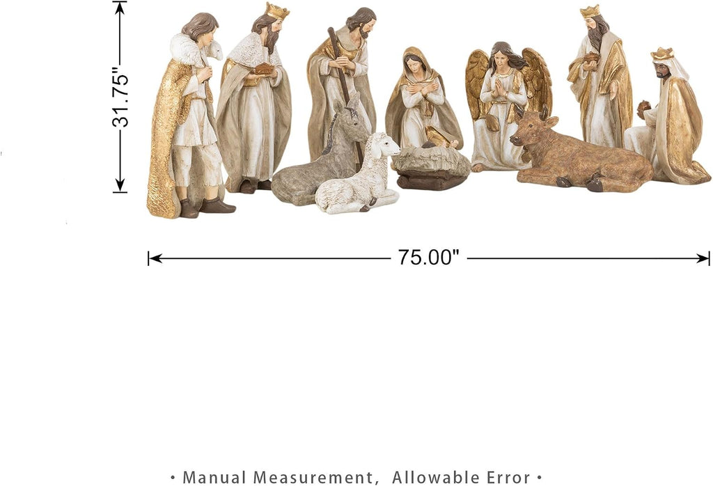 31.75"H Oversized Outdoor Nativity Set, 12-Piece Hand-Painted Large Resin Christmas Nativity Scene Figurine Set, Gold