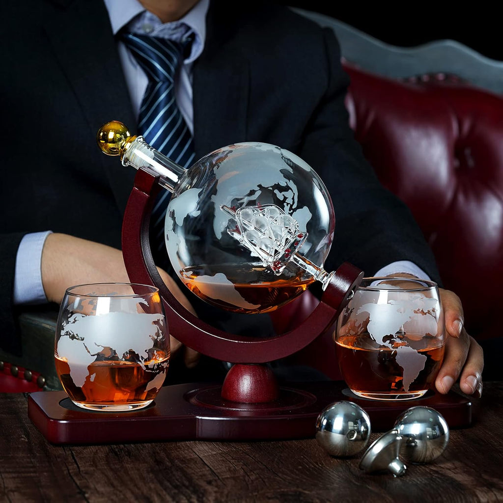 Gifts for Men Dad Fathers Day, Whiskey Decanter Globe Set with 2 Ball Stones & 2 Glasses, Anniversary Birthday Gifts