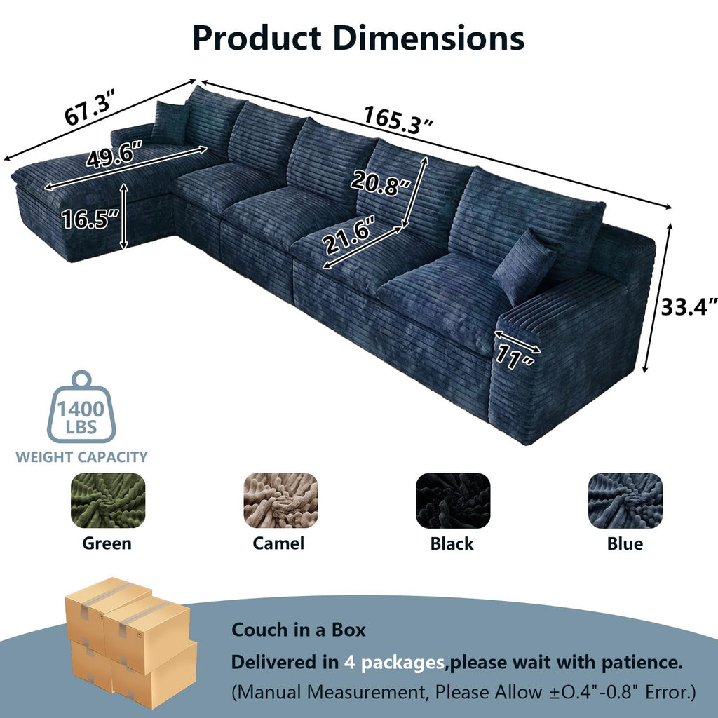 165.5" Cloud Boneless Sectional Couches with Chaise, Blue