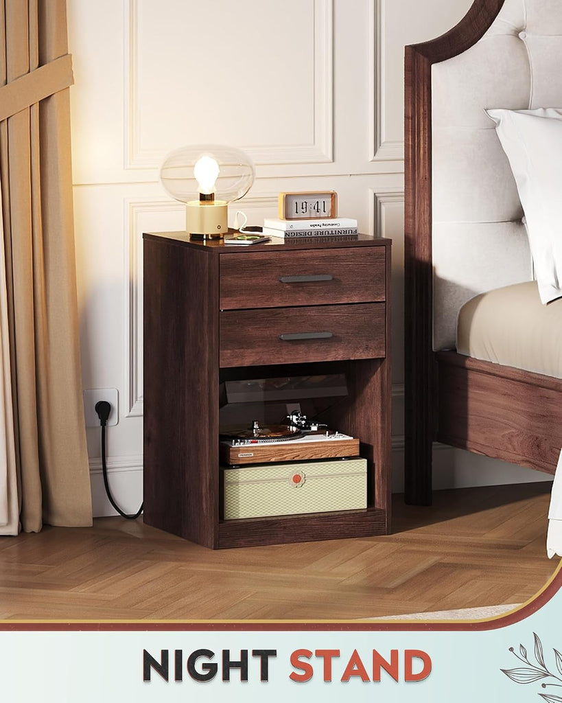 Nightstand Set of 2 with Charging Station, Wood Night Stand Sets with 2 Drawers and Open Shelf, Bed Side Tables