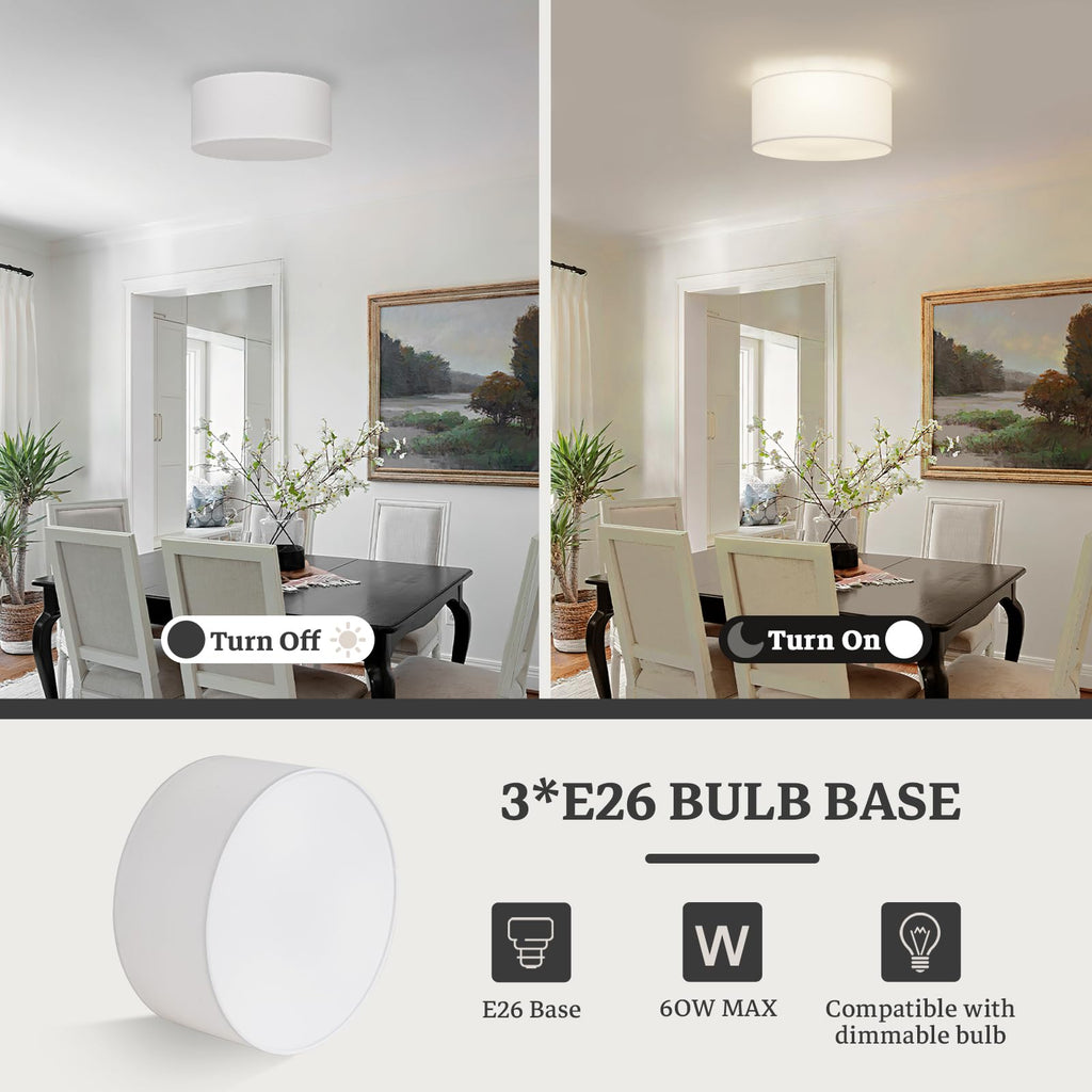Semi Flush Mount Ceiling Light Fixture, 13inch Light Fixtures Ceiling Mount, 3-Light Drum Light Fixture with White