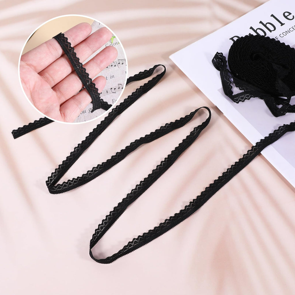 10 Yards Black Lace Trim, 1cm Lace Ribbon Crochet Sewing Laces Ribbons for Crafts, Wide Stretchy Laces Trim Elastic