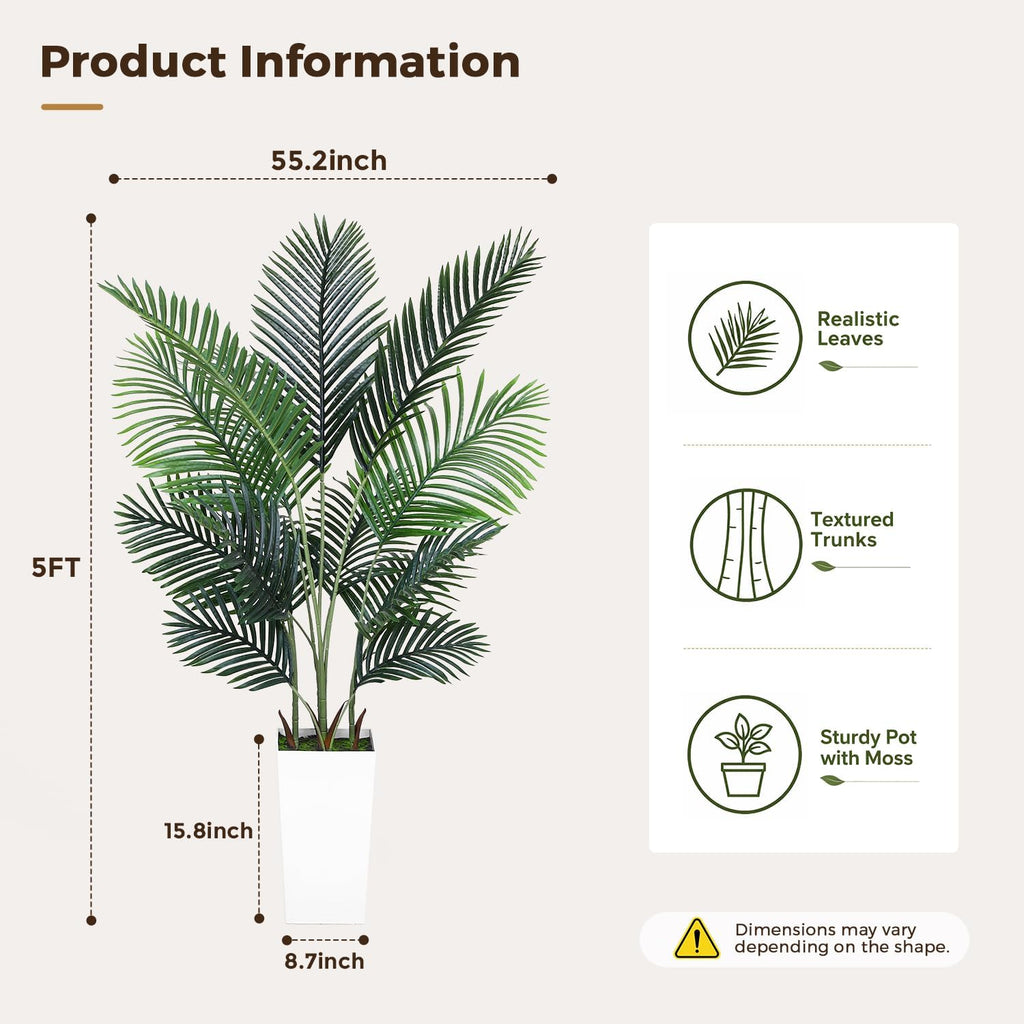 Artificial Palm Tree 5ft Tall Realistic Faux Palm Plant with Nursery Pot Living Room Decor Easy Setup Low Maintenance