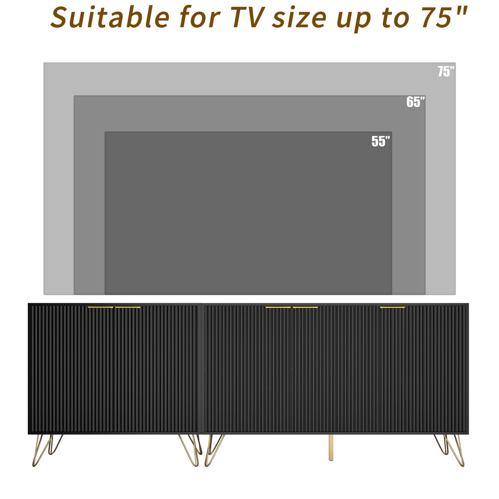 75 inch TV Stand with 5 Fluted Doors and Adjustable Shelves, Black丨Modern Entertainment Center Cabinet, Wood Media