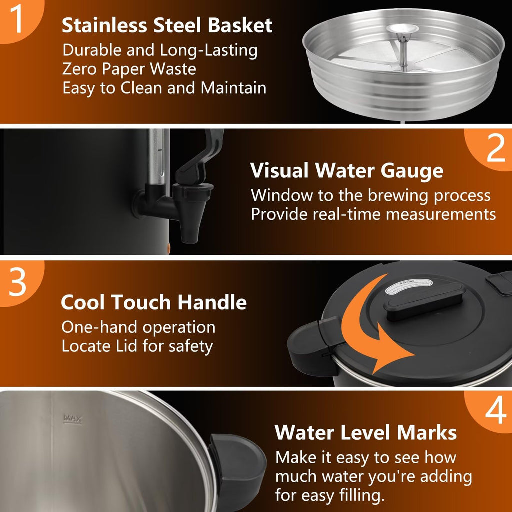 30-Cup 6L Commercial Coffee Urn, 750W Double Wall Large Percolate Coffee Maker Stainless Steel Hot Water Urn