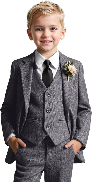 Boy's Suits Tweed Herringbone 5 Piece Tuxedo Wedding Suit for Kids with Tie