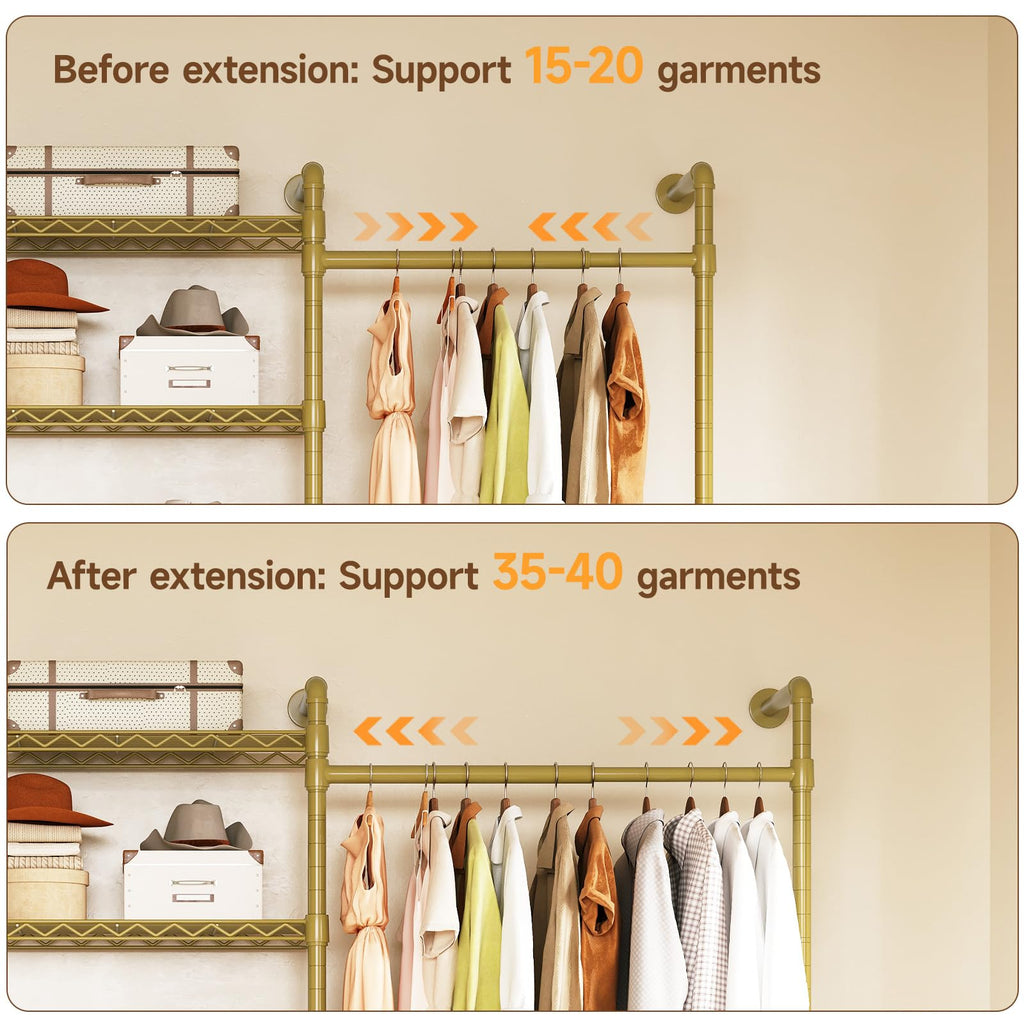H5 Wall Mounted Closet System, Industrial Pipe Clothes Rack, Gold