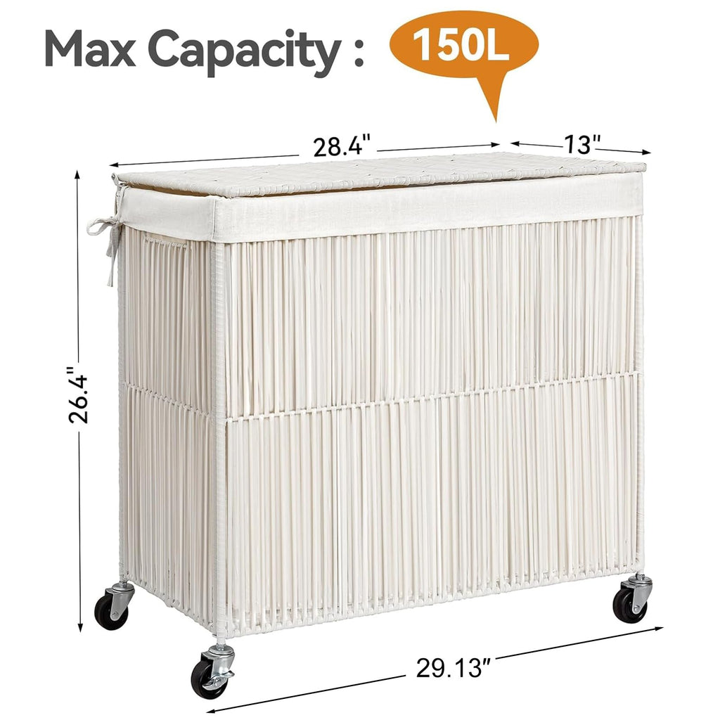 Laundry Basket 3 Section, Handwoven Laundry Hamper with Wheels