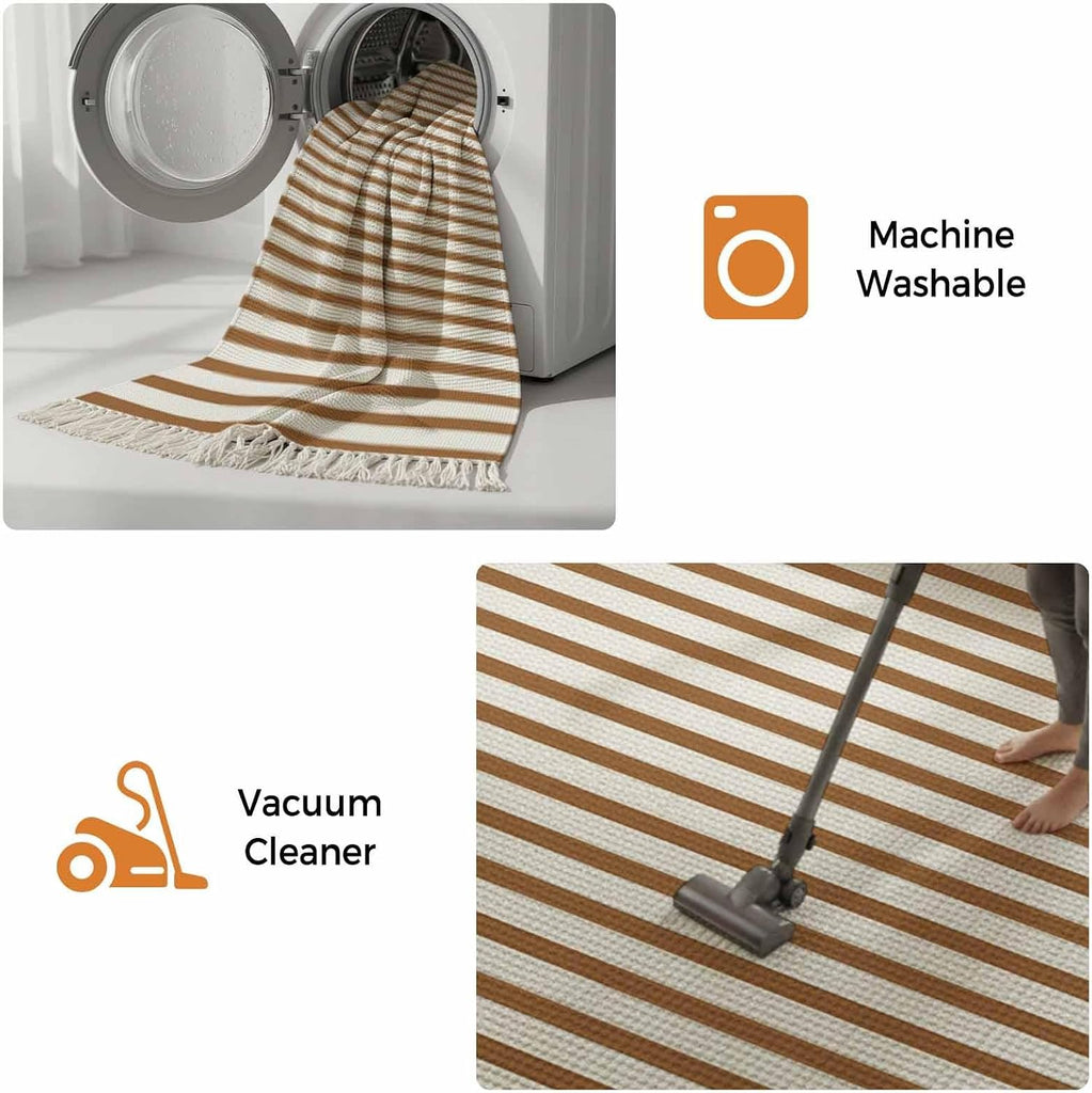 Minimalist Chestnut Brown Striped Runner Rug with Tassel Modern Art Vertical Line Print Entryway Rugs Washable