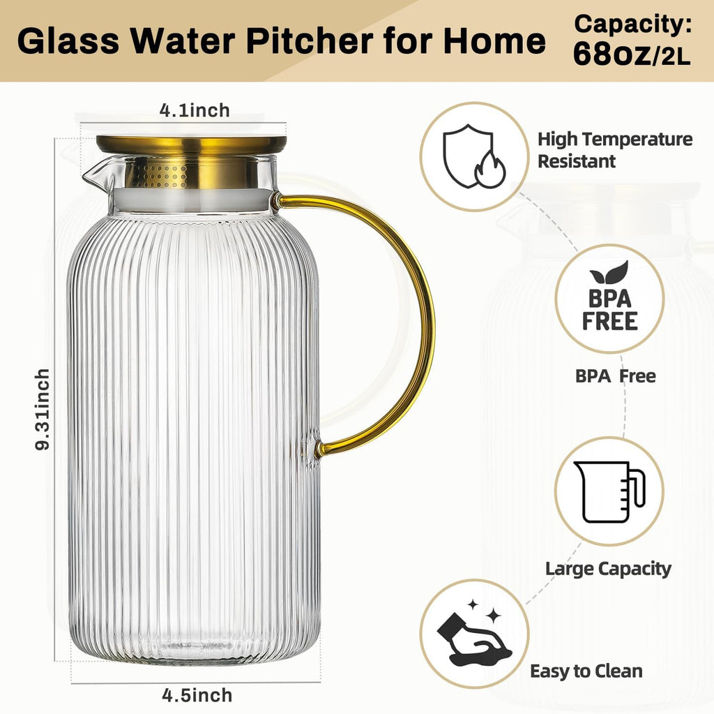2 PACK Glass Pitcher with Lid, 68 oz/ 2L Classic Vertical Stripes Water Pitcher with Handle,Glass Water Carafe for