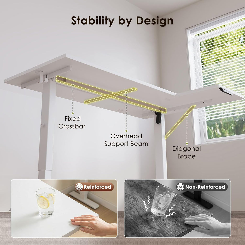 55 Inch Reversible L Shaped Electric Standing Desk, White | Corner Height Adjustable Computer Table, Stand Up Desk