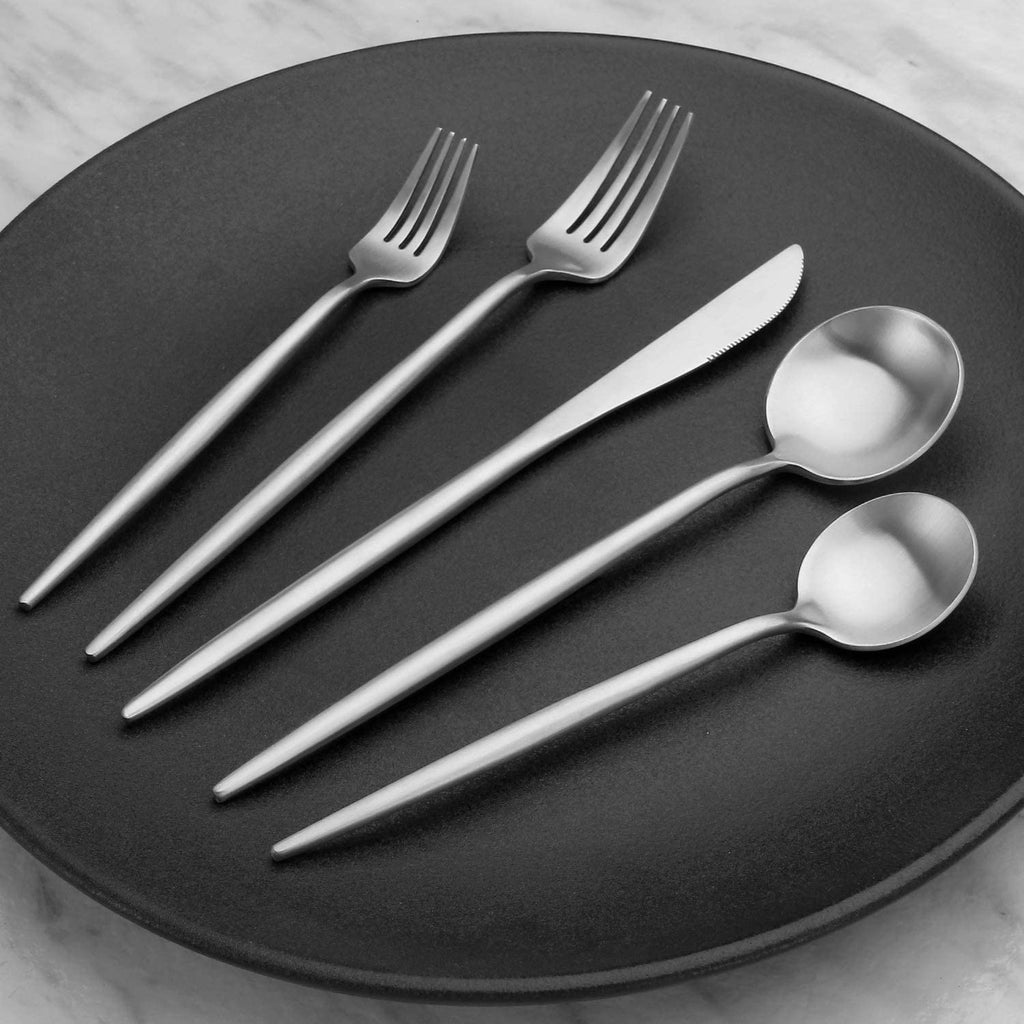Matte Silver Silverware Set, Stainless Steel Satin Finish, Flatware Cutlery Set for 4, 20-Piece Spoons and Forks