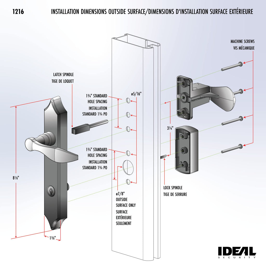 1216 Surface Mount Storm Door Handle with Lock and Key for 1 - 1 1⁄2 inches Thick Doors (Antique Brass, 4-Posts)