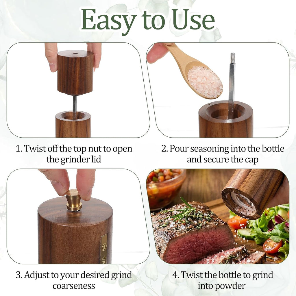 Wooden Salt and Pepper Grinder Set,8.46 inch Adjustable Coarseness Manual Salt and Pepper Mill with Brush - Set of 2