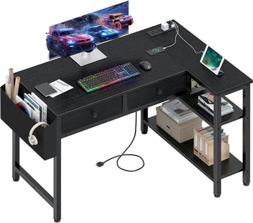 Black Corner Desk for Small Space with Drawers, Reversible Gaming L Shaped Computer Desk with Storage Shelves for