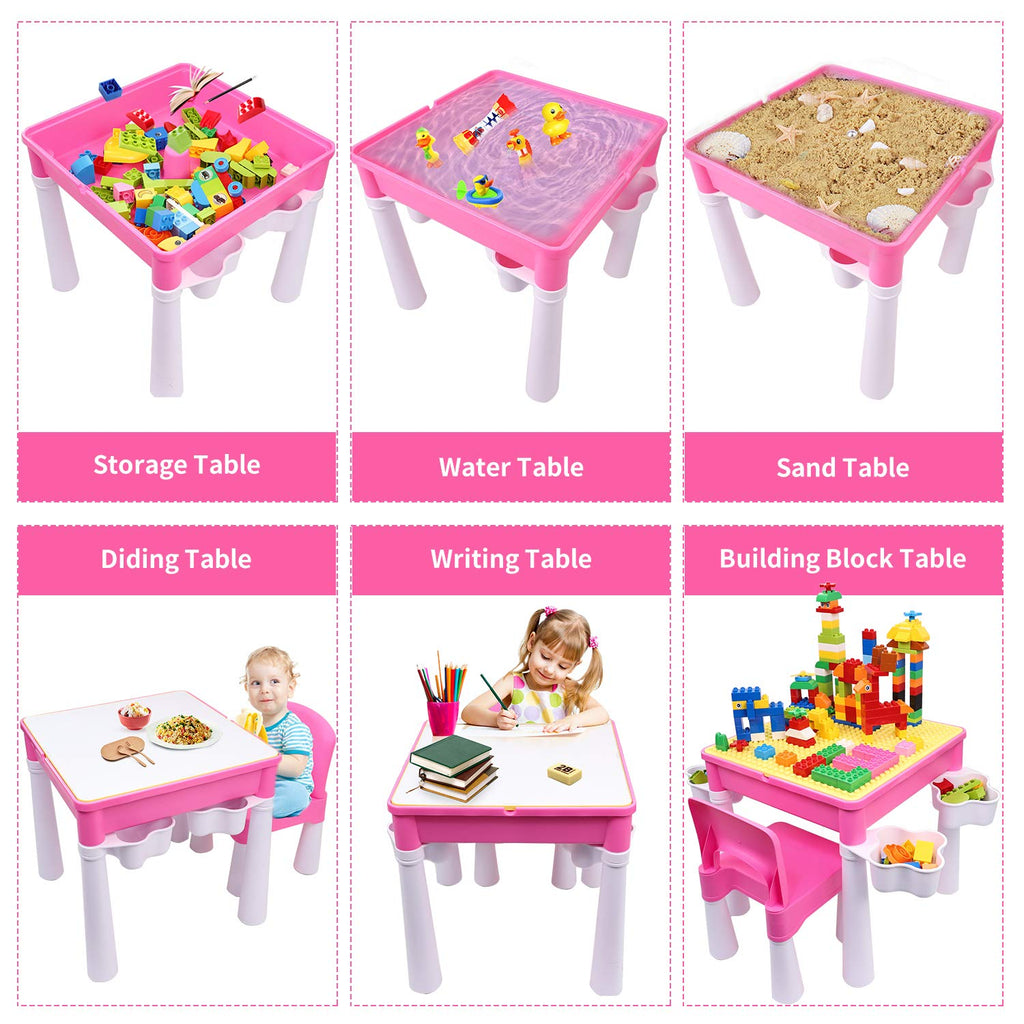 Toddler Building Table Set: 1 Chair 128 Blocks 4 Storage Bin Pink