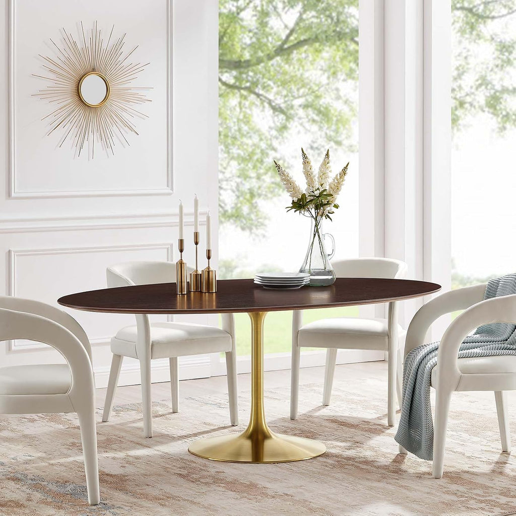 Inspired Tulip Style Oval Pedestal Dining Table — Gold Cherry Walnut, 78″ Oval