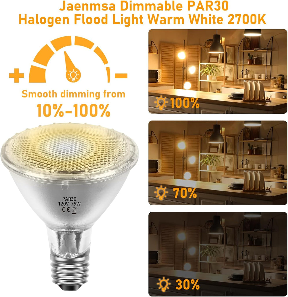 Par30 Long Neck Halogen Flood Bulbs 75W 120V, Par30 Halogen Indoor Floodlight Bulbs Outdoor E26 Dimmable 2700K Bulb 2