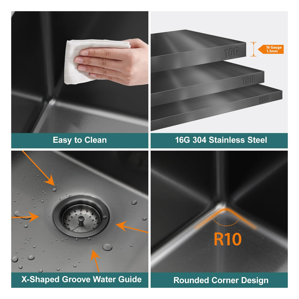 36 Inch All-In One Black Kitchen Sink with Pull-Out Faucet Workstation Drop In Large Single Bowl 304 Stainless Steel