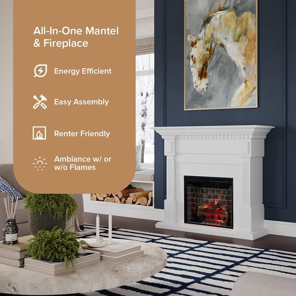 Augustine White Mantel Package 55" W x 48" H with 28 Inch Electric Fireplace Insert - 400 SqFt Heater 5 Flame Colors