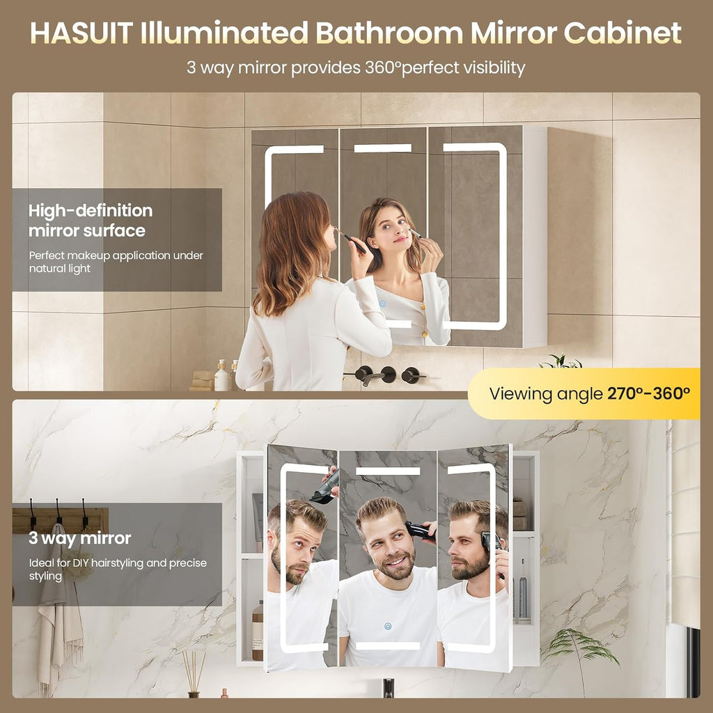 Medicine Cabinet Organizer with Mirror, Lighted Bathroom Medicine Cabinet with Storage, 3 Doors Bathroom Wall Cabinet