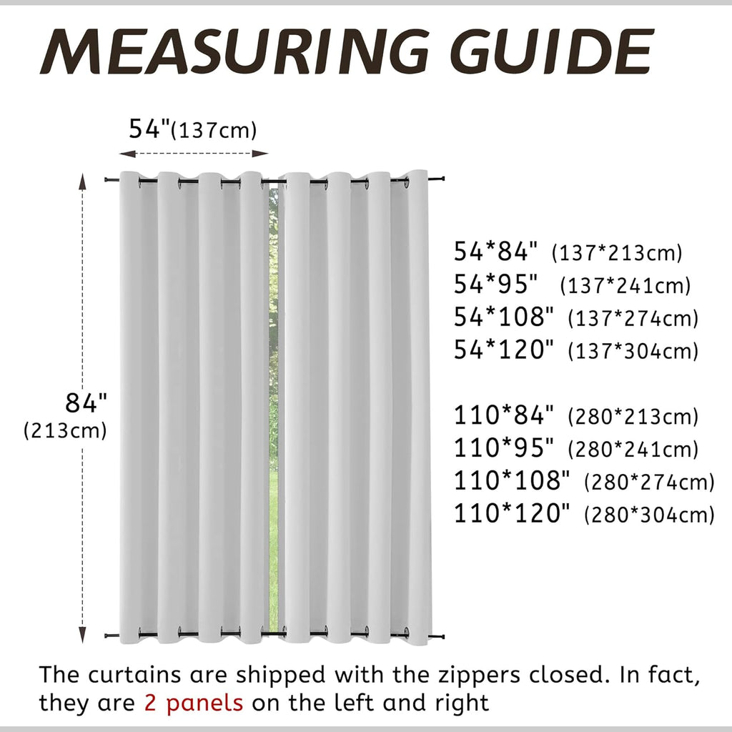 Outdoor Curtains Waterproof 2 Panels Blackout Curtains 84 inch Long with Zipper Top & Bottom Grommet Sun Blocking