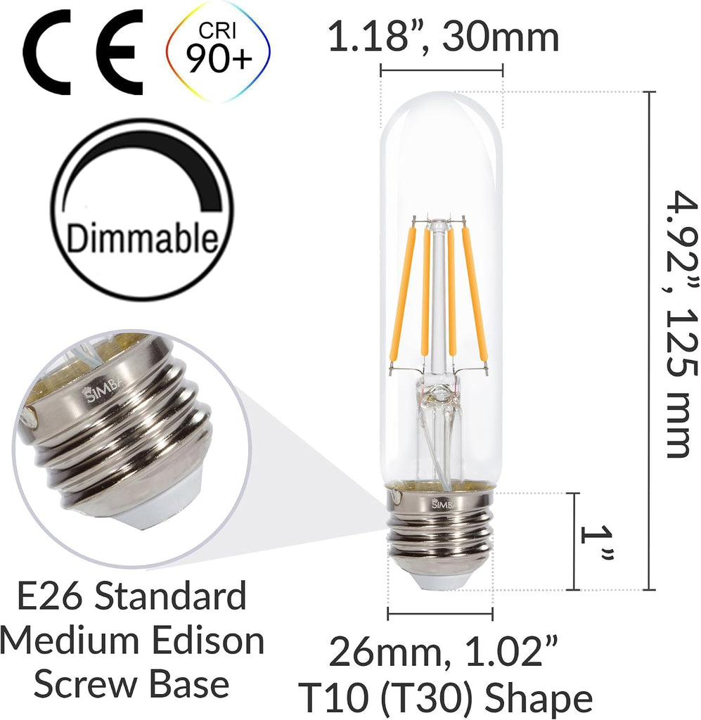 LED T10 Edison Filament 4W 120V Light Bulb E26 2700K, 3 Pack