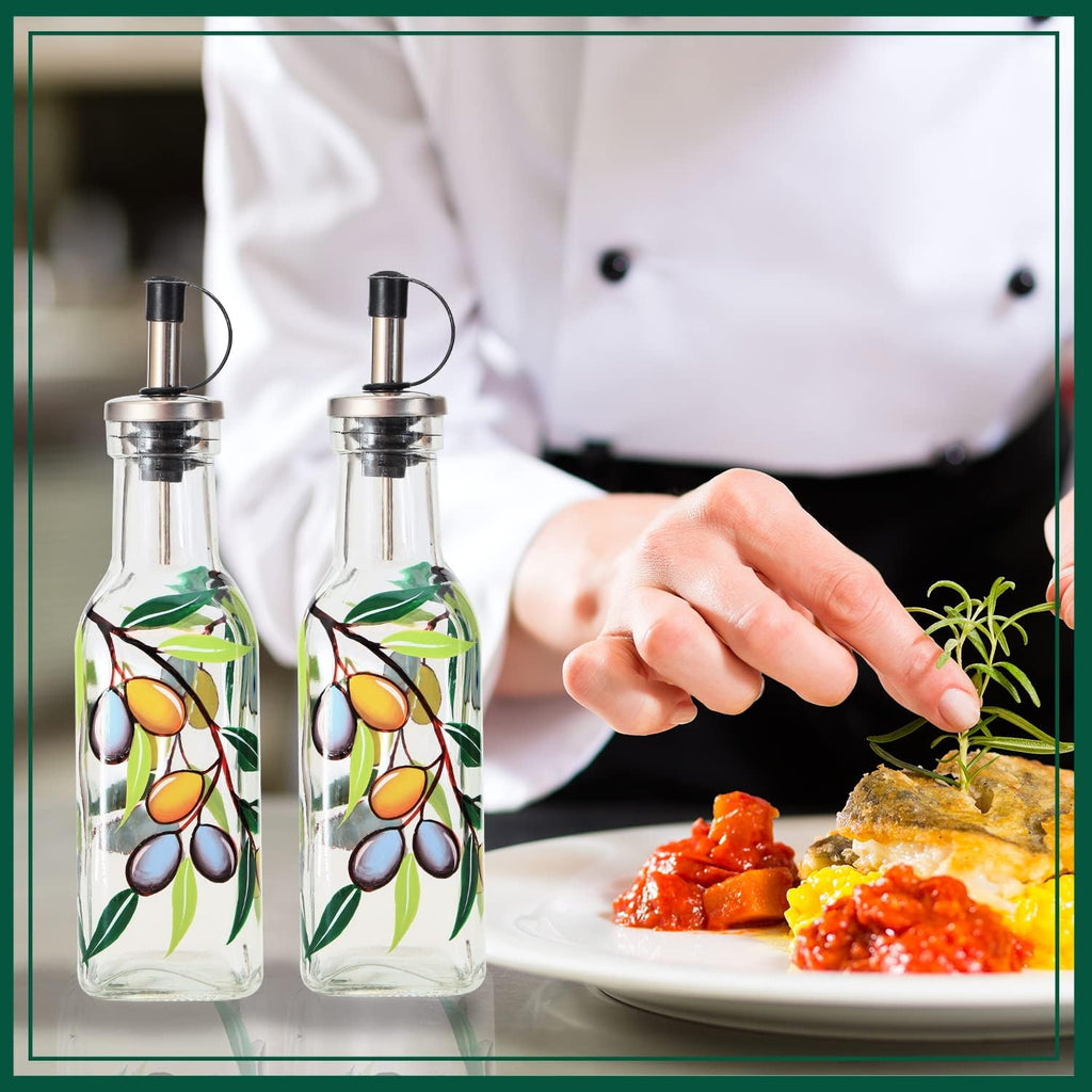7oz Hand Painted Glass Olive Oil Bottle Dispenser - 200ml Green Oil & Vinegar Cruet with Pourers - Olive Oil Carafe - Set of 2