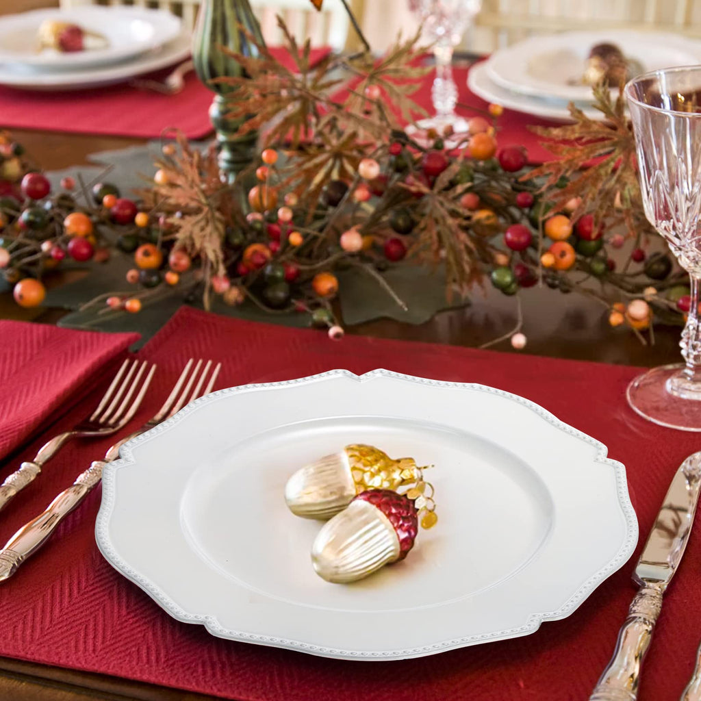 12 Pack White Charger Plates with Beaded Rim, 13 Inch Round Plastic Dinner Chargers, Scalloped Serving Plates for