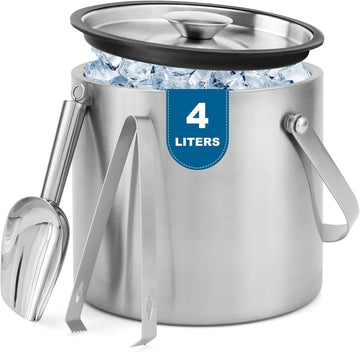 Ice Bucket, 4L Double Wall Insulated Ice Bucket with Lid,Scoop,Tongs- Inner Layer 304 Stainless Steel Ice Container