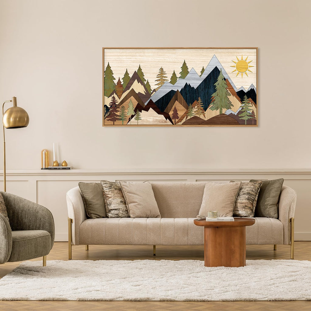 Mountain Pine Tree Framed Canvas Wall Art Set, Nature Wilderness Illustration Wall Decor, Woodcut Forest Wall