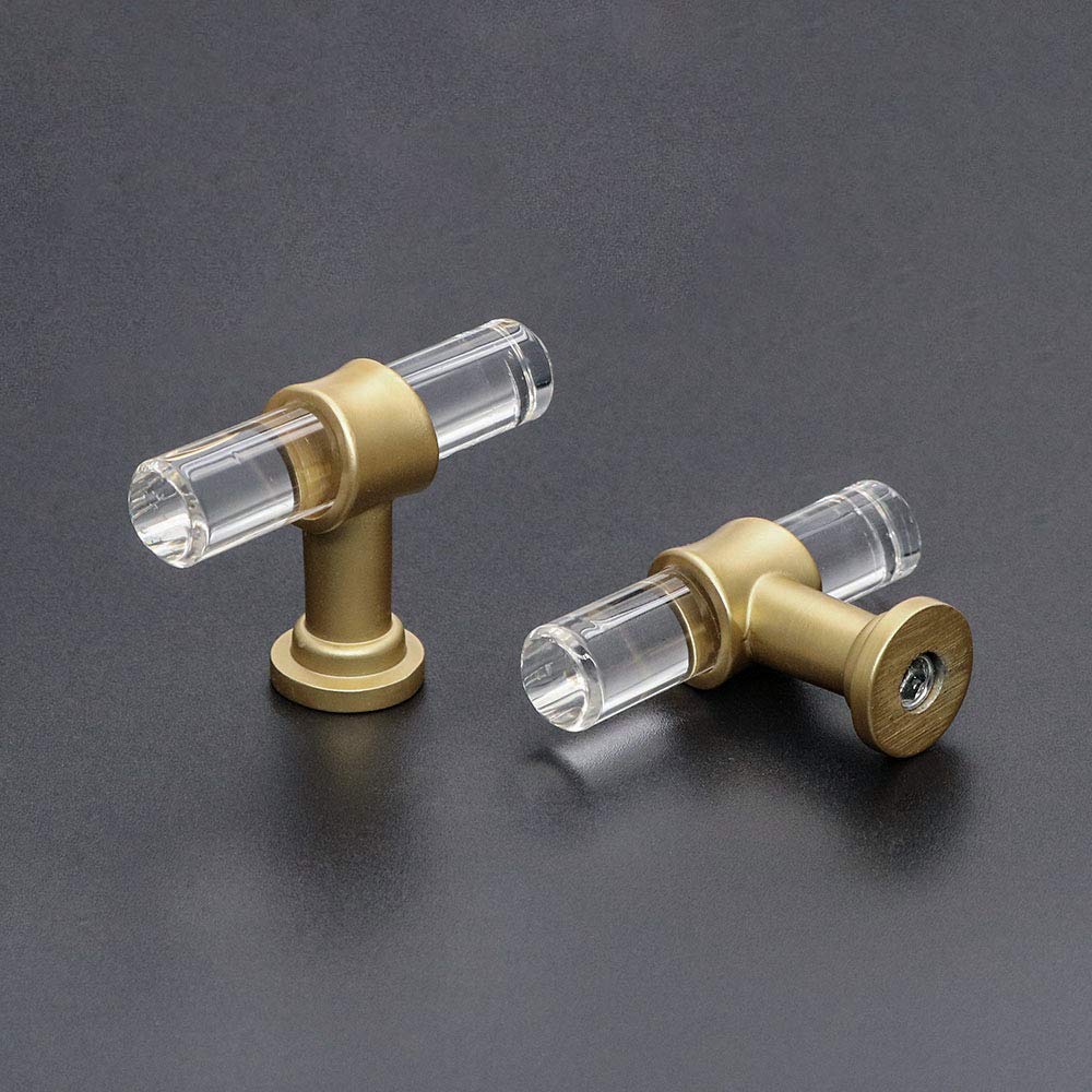 Acrylic Drawer Knobs, Kitchen Cabinet Handles Gold 10 Pack, Dresser Drawer Pull Brushed Brass Cabinet Hardware T Bar
