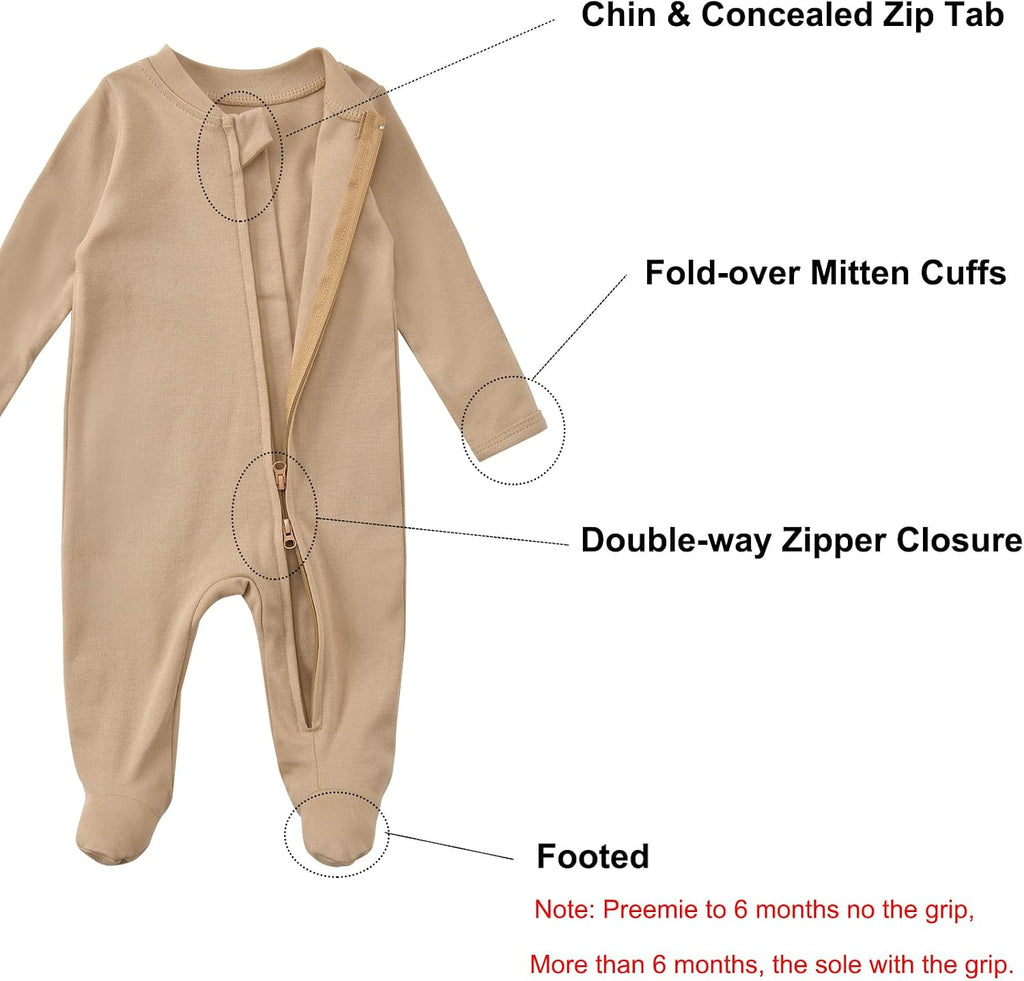 Footie Pajamas Cotton with Mitten Cuffs, Double Zipper