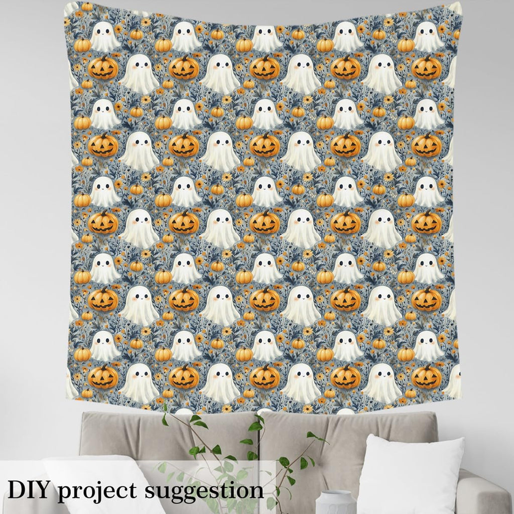 Happy Halloween Fabric by The Yard, Orange Pumpkin Flowers Soft Polyester No Stretch Fabric, Cartoon Ghost Rustic