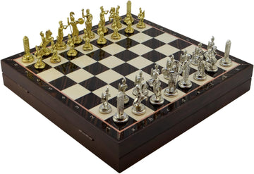 Metal Chess Set for Adults Greek Figures,Handmade Pieces and Different Design Wooden Chess Board with Storage (Walnut)