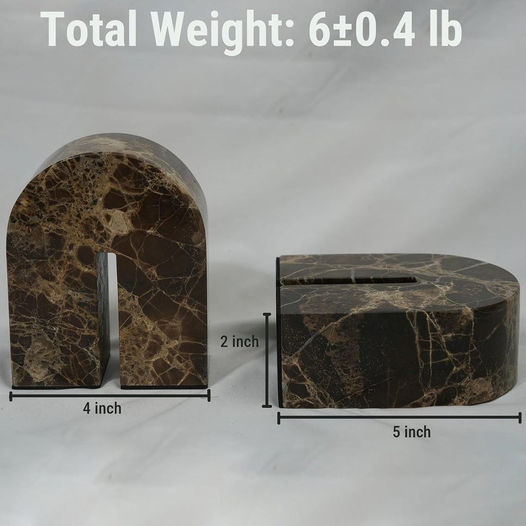 Natural Marble Bookends for Shelves,Unique Brown Arched Book Ends, Office bookends for Heavy Books, Set of 2,Heavy